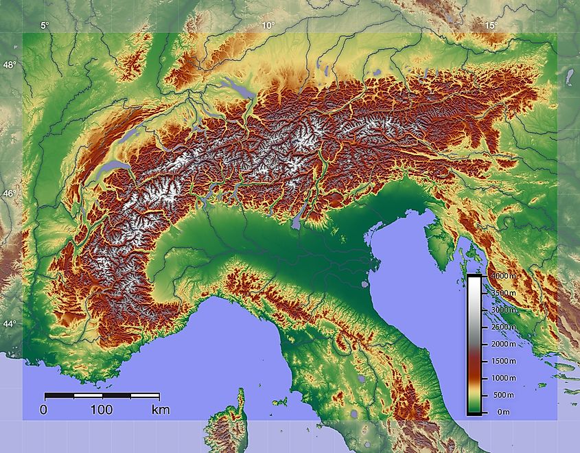 alps mountains on world map