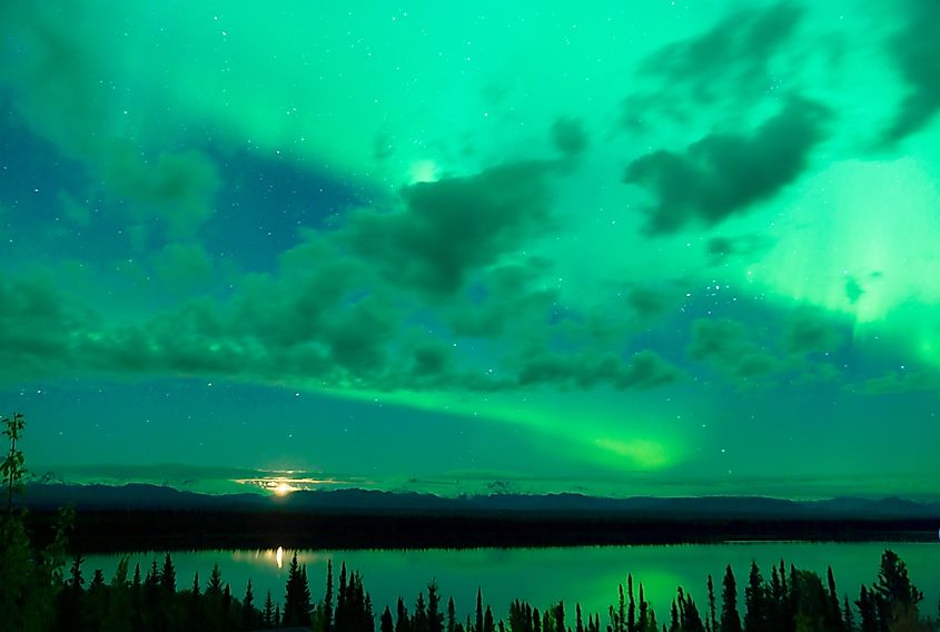 The Northern Lights appear over Wrangell St. Elias National Park.
