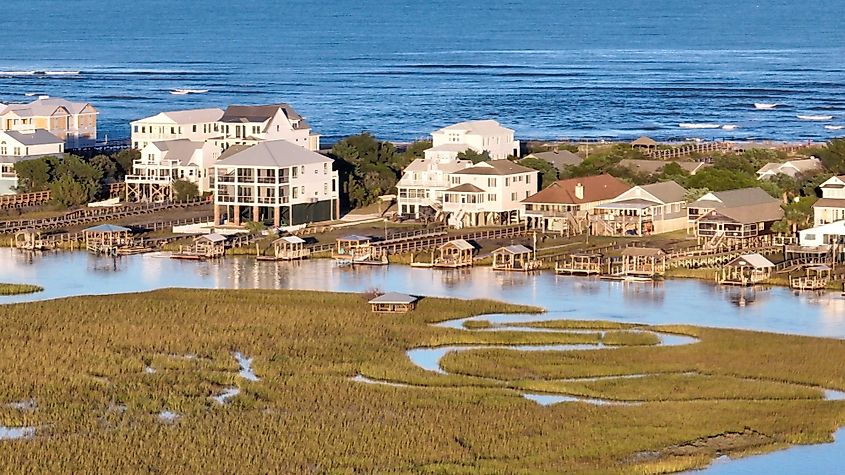Coastal vacation homes on stilts in Pawleys Island, South Carolina.