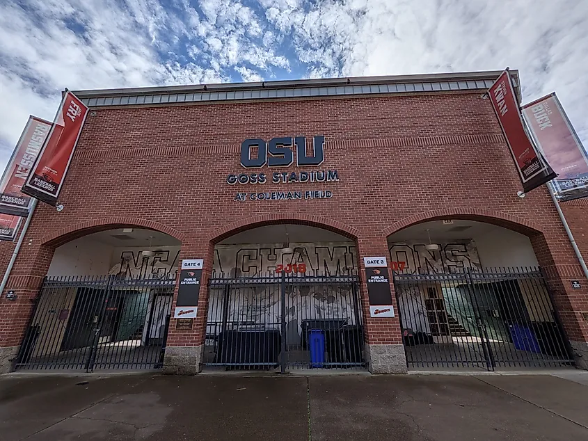 Main entrance facade of Goss Stadium at Coleman Field in Corvallis, Oregon.