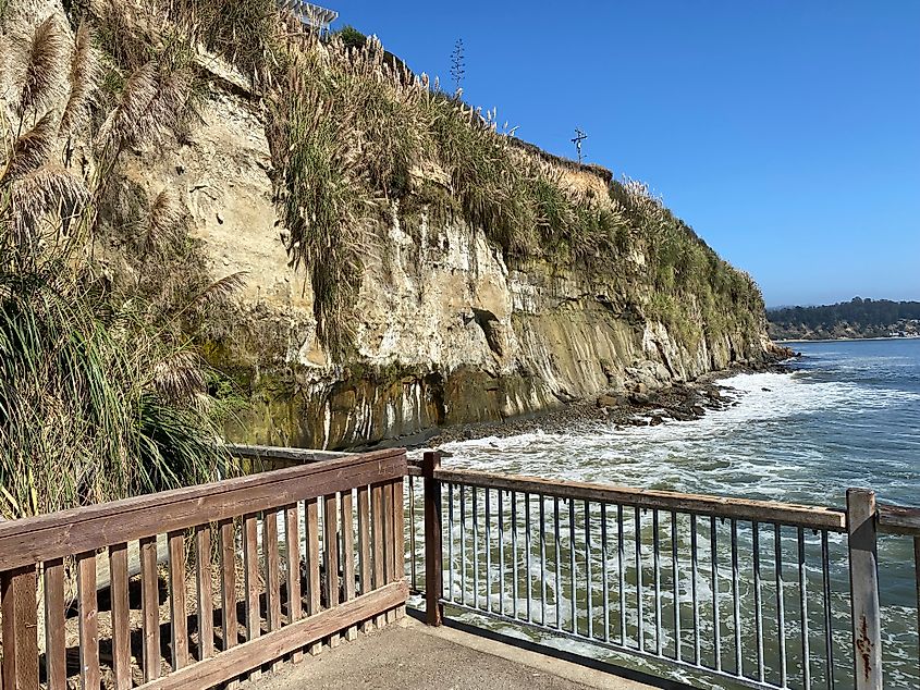A viewing platform at the end of a waterfront walkway looks out onto dramatic sea cliffs.