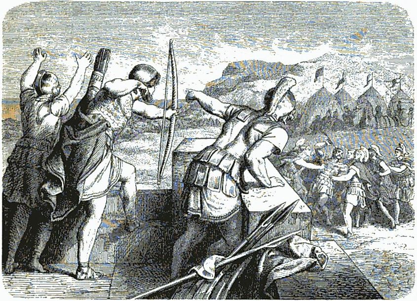 Philip II of Macedon losing his eye during the siege of Methone, 355-354 BC
