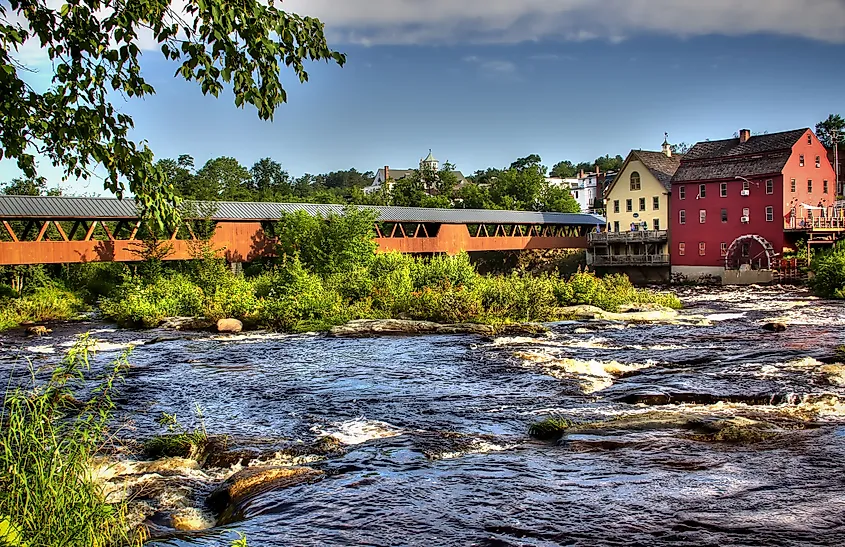 The River Walk Covered Bridge on the Ammonoosuc River in Littleton, New Hampshire.