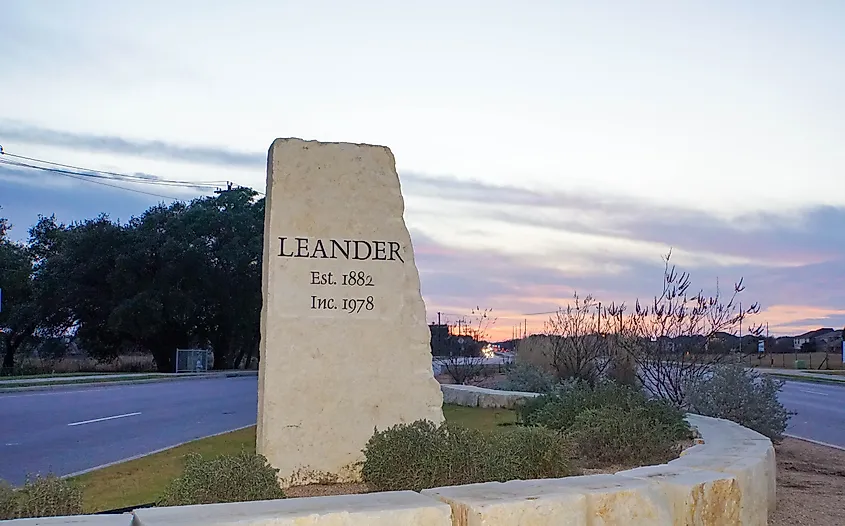 Sunset over Leander, Texas, with warm colors lighting up the sky above the Hill Country landscape just outside Austin