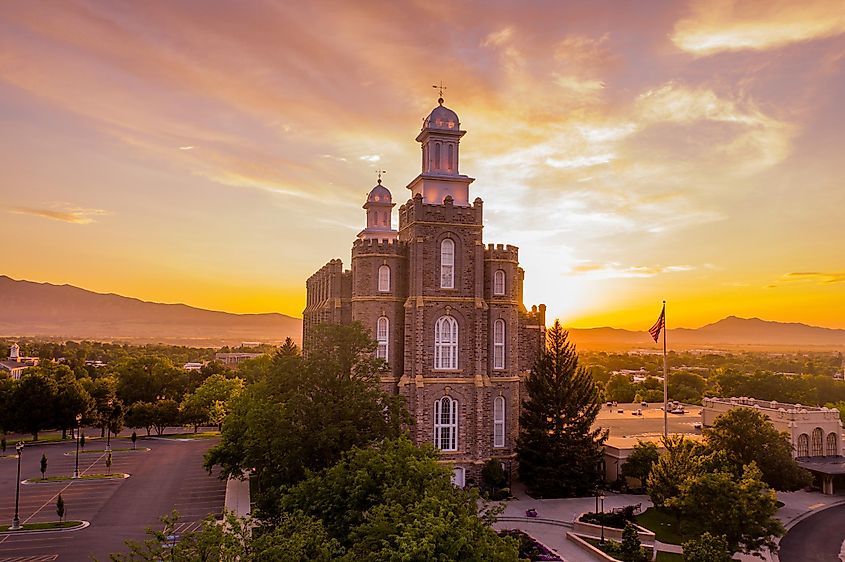 Logan Utah LDS Temple at dusk.