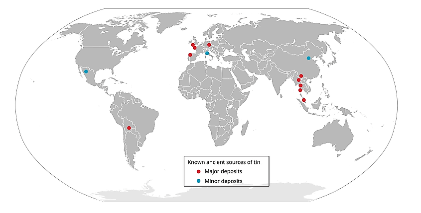 Map showing the location of known tin deposits exploited during ancient times
