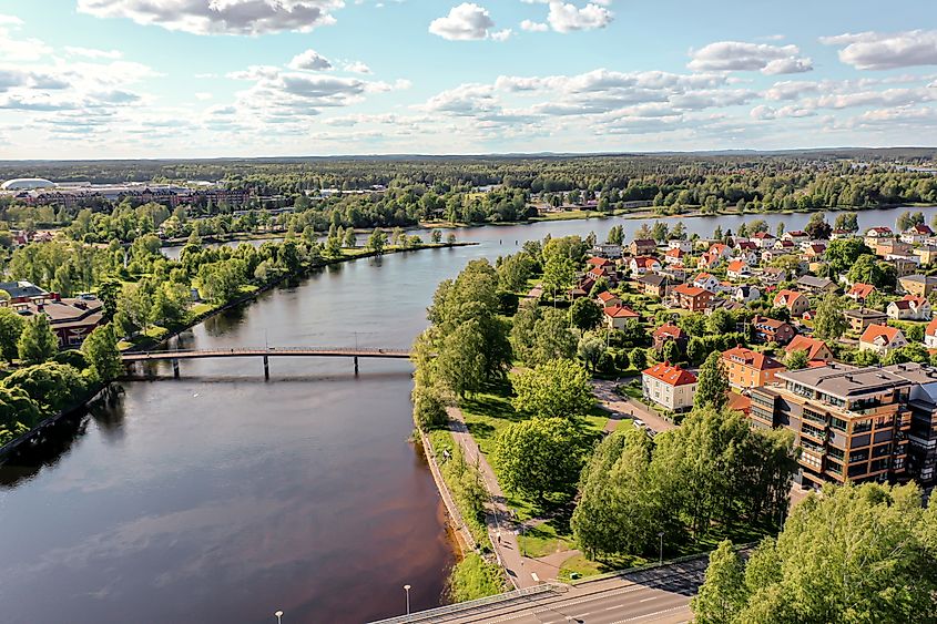Aerial view of Karlstad, Sweden, showing the city, waterways, and surrounding landscape.