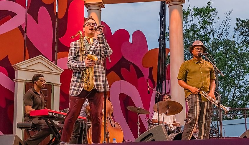Preservation Hall Jazz Band perform at an outdoor concert at the Prescott Park Arts Festival in Portsmouth, New Hampshire.
