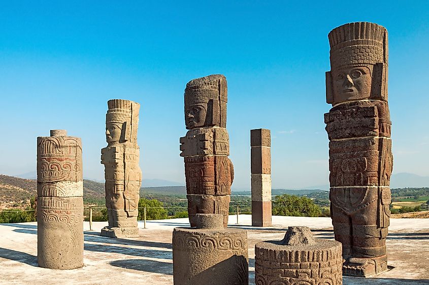Ancient columns in the form of Toltec warriors in Tula, Mexico