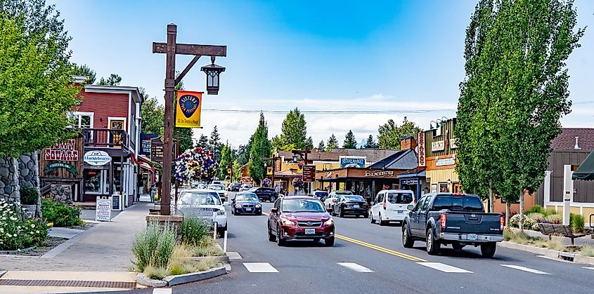 A view looking down the main street in downtown Sisters, Oregon