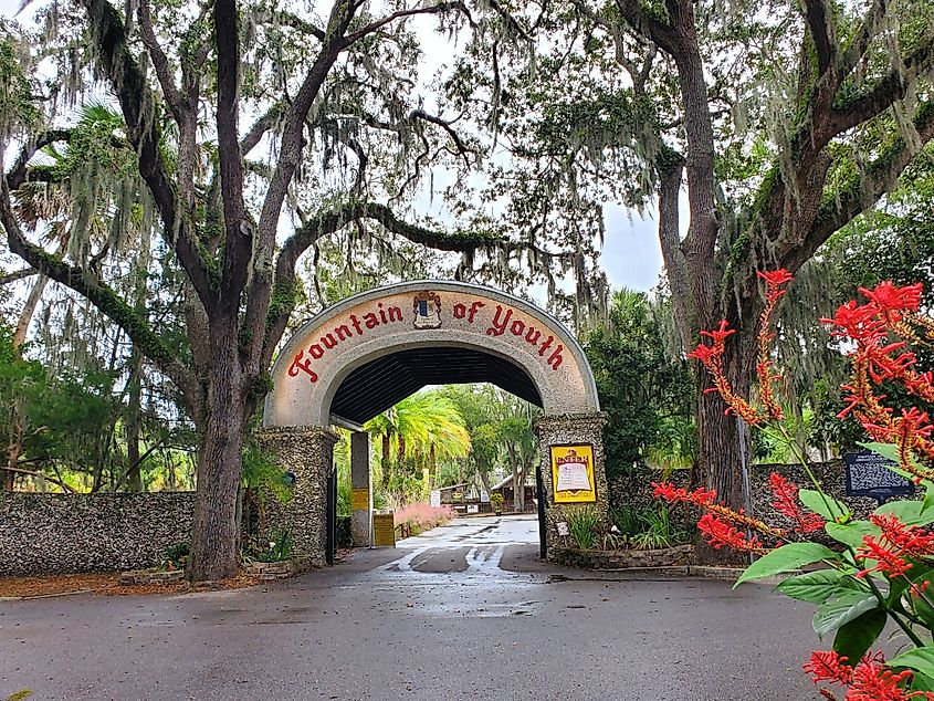 The arch and front entrance into Ponce de Leon's Fountain of Youth in St. Augustine, Florida.