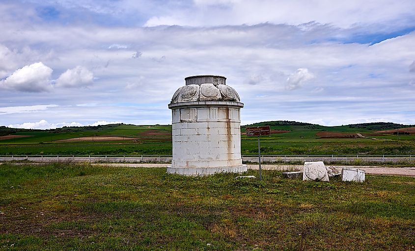 The restored victory monument (tropaion) of the Battle of Leuctra. Lefktra, Boeotia, Greece.