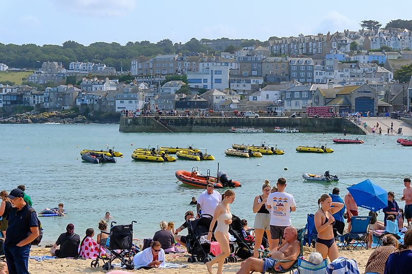 A crowded beach scene in St. Ives, England