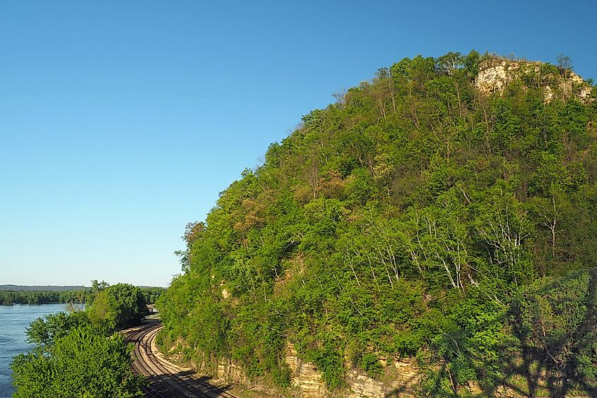 Barn Bluff from the Red Wing Eisenhower Bridge, Red Wing, Minnesota, USA. Viewed from the west. This is an image of a place or building that is listed on the National Register of Historic Places in the United States of America. Its reference number is 90001165.