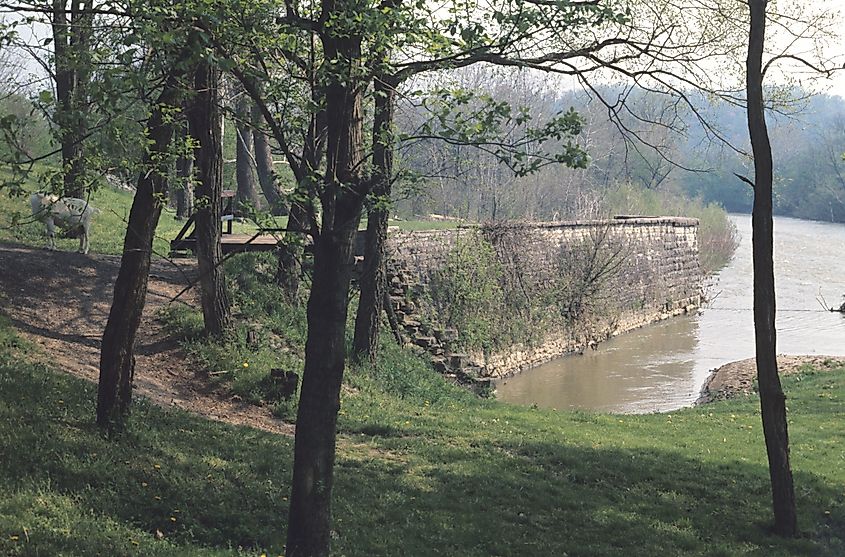 A stone wall of the Feeder Dam in Laurel, Indiana.