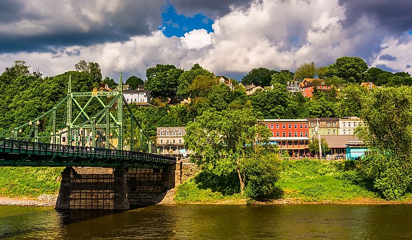 Homes and bridge over the Delaware River in Easton, Pennsylvania.