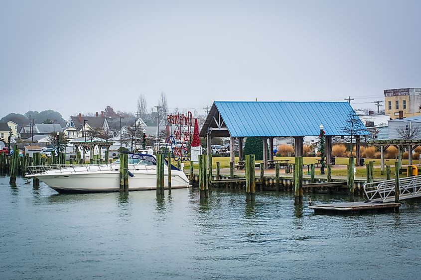View of the Chincoteague Bay Waterfront in Chincoteague Island, Virginia.