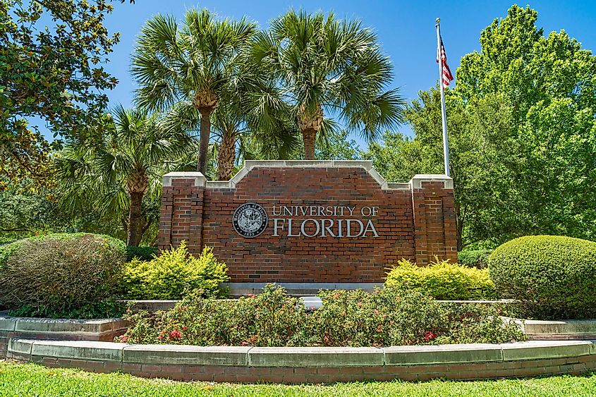 The brick sign of University of Florida (UF) at the intersection of Museum road and SW 13th street. Editorial credit: Kyle S Lo / Shutterstock.com