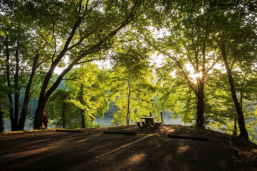 A picnic area at Grundy Lakes Park in Tracy City, Tennessee of the South Cumberland State Park system.