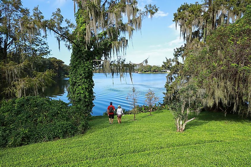 ORLANDO, FLORIDA, USA: Couple explores Harry P. Leu Gardens a destination garden with over 40 diverse plant collections from the world in 50 acres of landscaped grounds as seen on October 24, 2020.