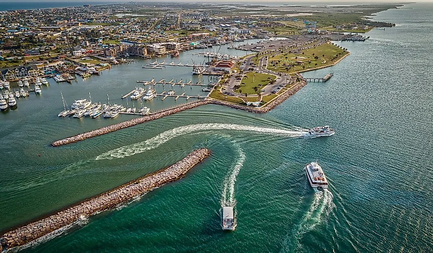 Harbor and downtown Port Aransas, Texas.