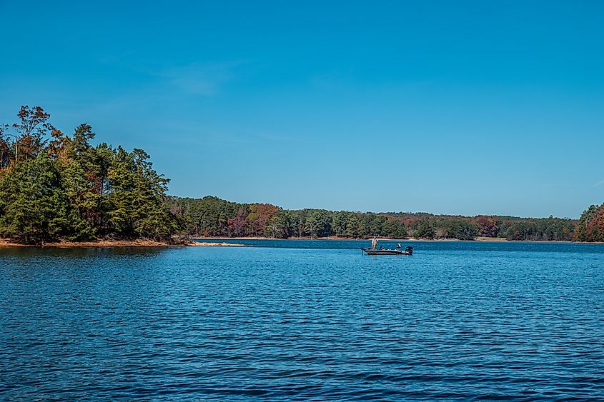 A man fishing on Lake Lanier, Georgia.