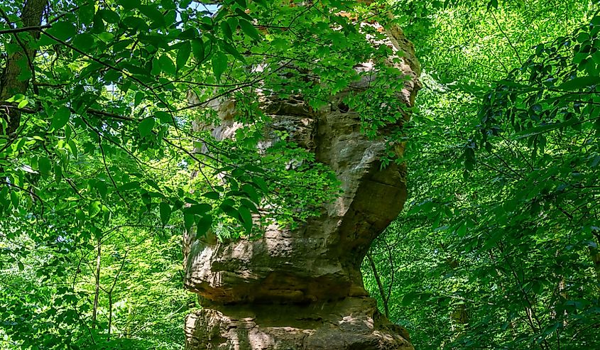 Jug Rock, a towering rock formation in the trees, near Shoals, Indiana.