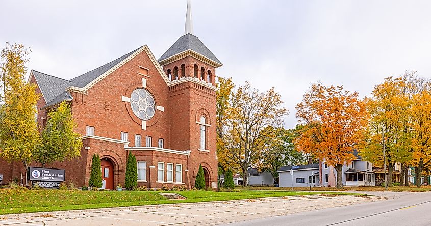 Red brick church in downtown Cadillac, Michigan.