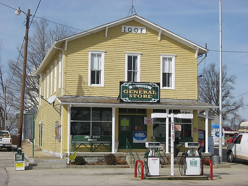 Front of the Laconia General Store at 11505 Main Street in Laconia, Indiana, with a covered entrance, large display windows, and a traditional small-town storefront
