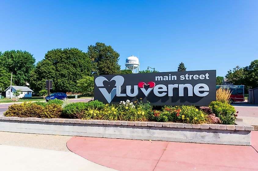 Monument sign for Luverne's main street set in a planter.