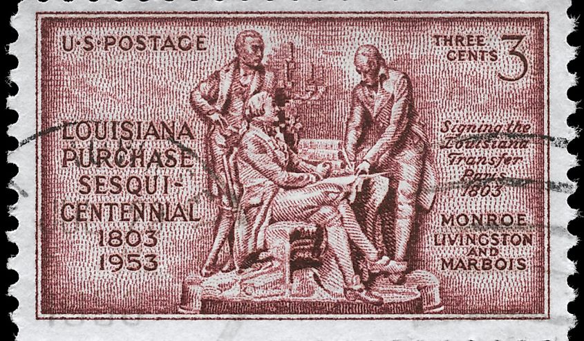 A Stamp printed in USA devoted to Louisiana Purchase, 150th Anniversary, shows the statues of Monroe, Livingston and Marbois, circa 1953