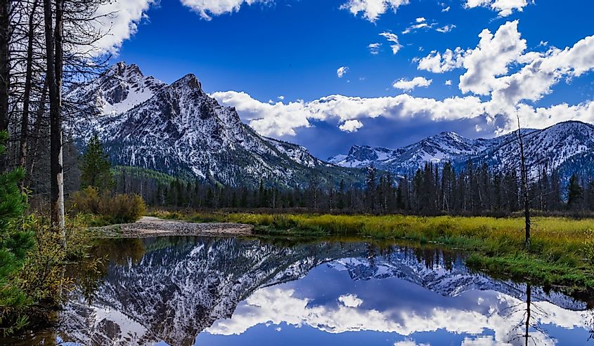 McGown Peak near Stanley, Idaho reflected in a pond located in a wetland area near Stanley Lake.