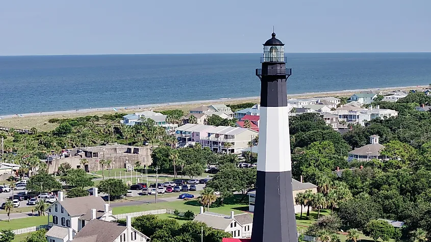 Aerial Close-Up of Tybee Island Lighthouse Tower with Atlantic Ocean, Georgia