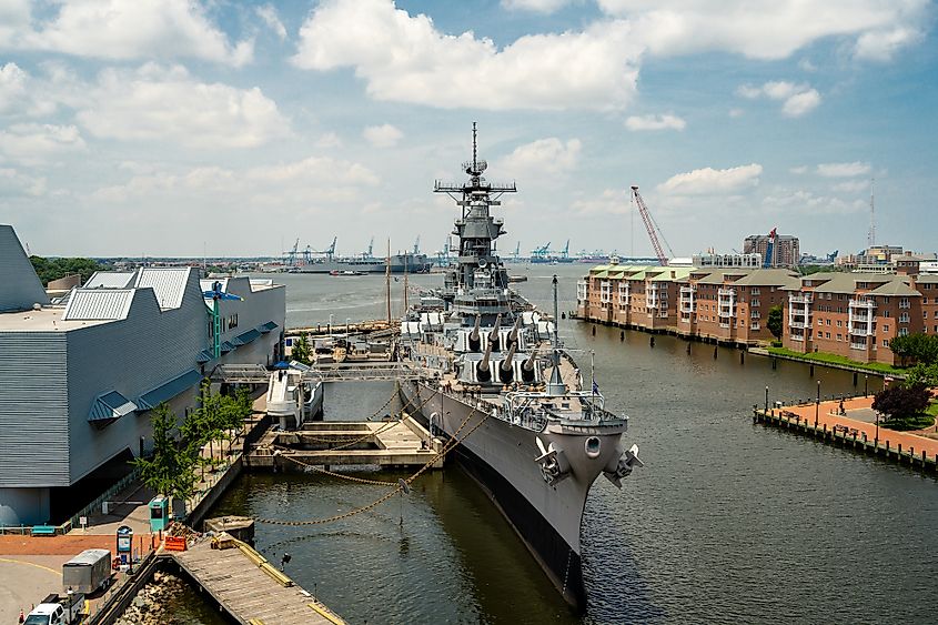 The battleship USS Wisconsin is berthed in Norfolk, VA next to Nauticus.