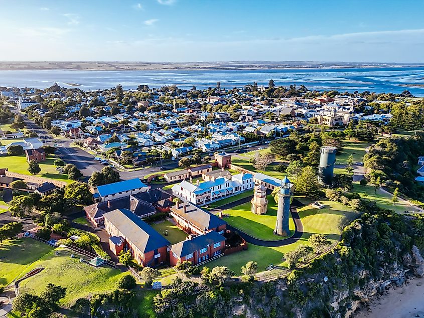 Aerial view of Queenscliff at dusk on a summer's day on the Bellarine Peninsula, Victoria, Australia