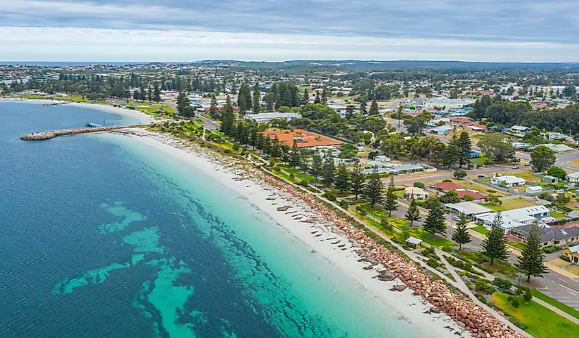 Aerial view Esperance, Western Australia and sandy beaches.