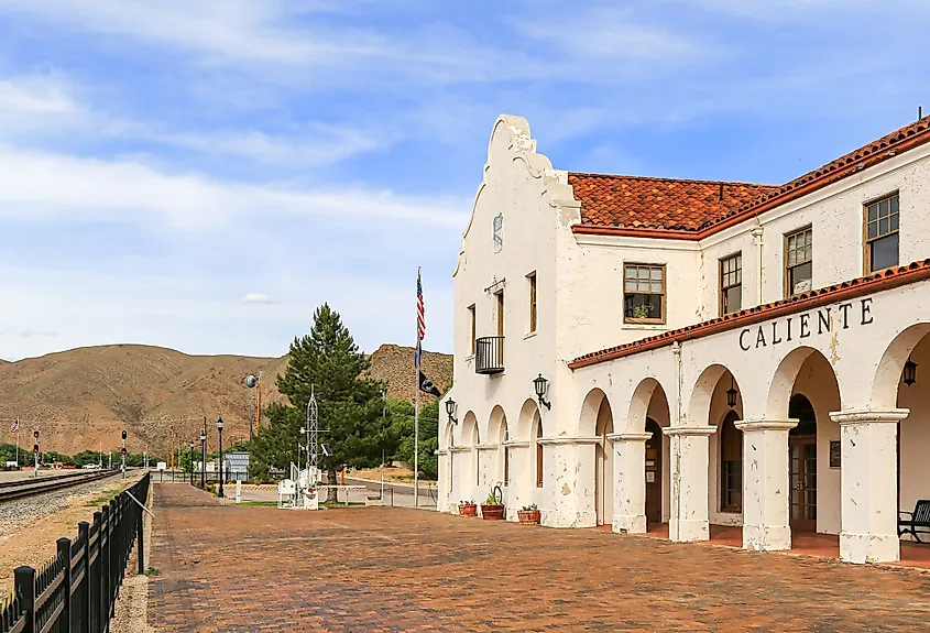 The historic Caliente Railway Station, currently the City Hall in Caliente, Nevada.