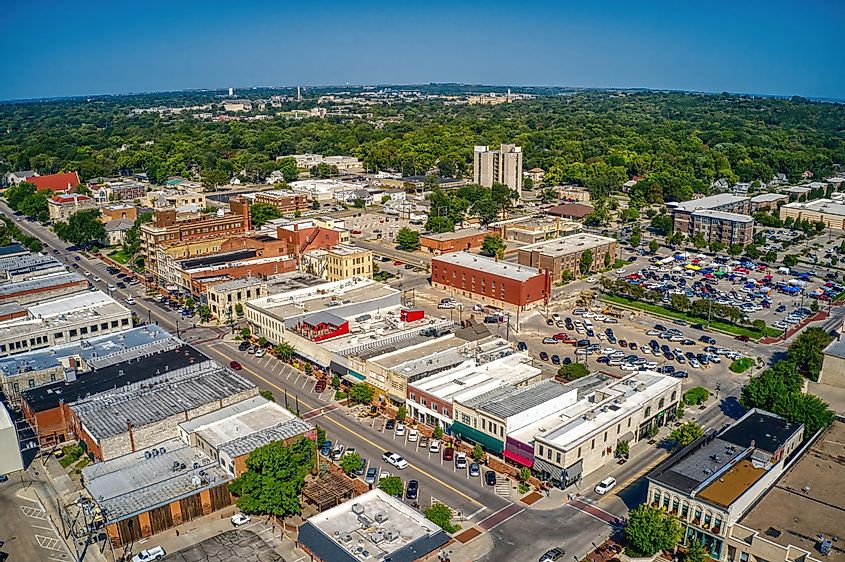 Aerial view of the college town of Manhattan, Kansas, during the summer.