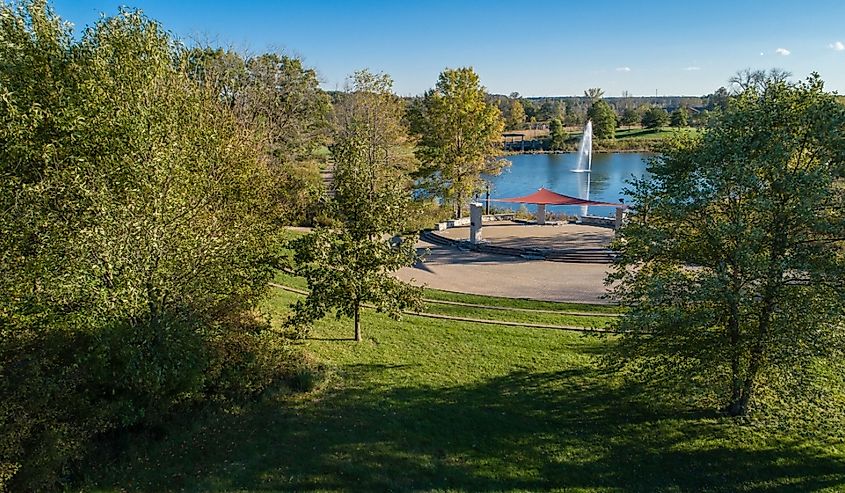 The amphitheatre and Phlips Pond at Coffee Creek Watershed Preserve in Chesterton, Indiana.