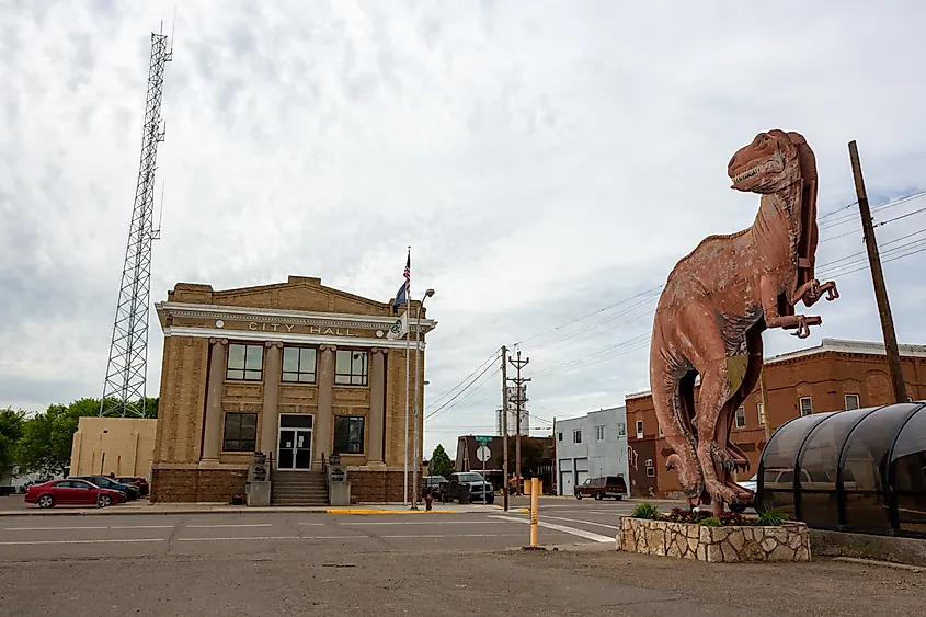 A dinosaur statue next to the City Hall in Glendive, Montana