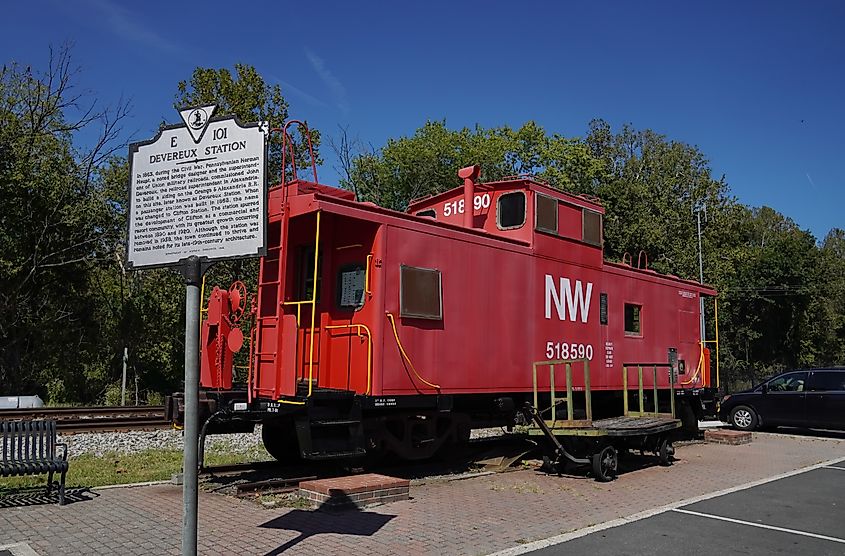 Historic red railroad car in Clifton, Virginia