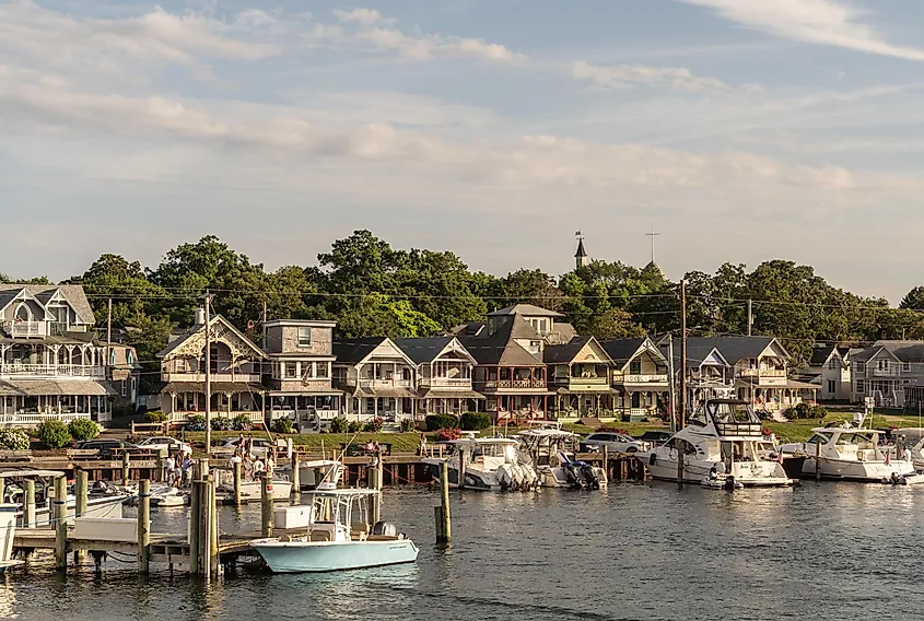 Row of charming Carpenter Gothic Cottages overlooking the harbor of Oaks Bluff, Martha’s Vineyard, Cape Cod, Massachusetts.