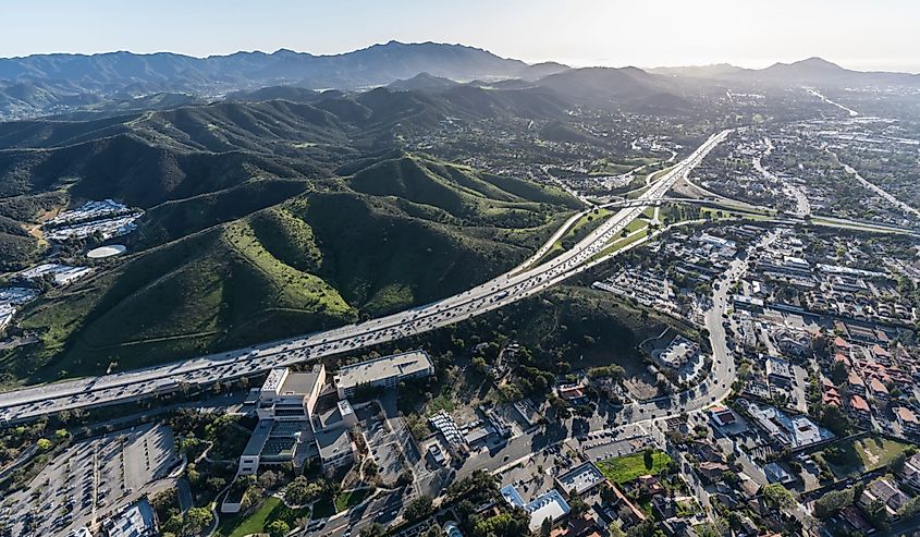 Aerial view of Ventura 101 freeway and suburban Thousand Oaks near Los Angeles, California