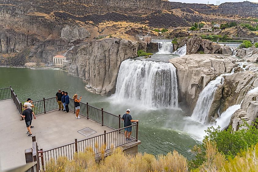Twin Falls, ID, USA - August 5, 2022: Shoshone Falls or Niagara of the West, in Twin Falls, Idaho. Observation deck with tourists.