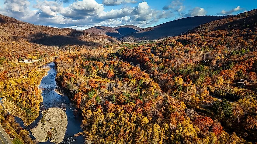 Foliage colors aerial view at Catskills Woodstock in New York at sunrise.