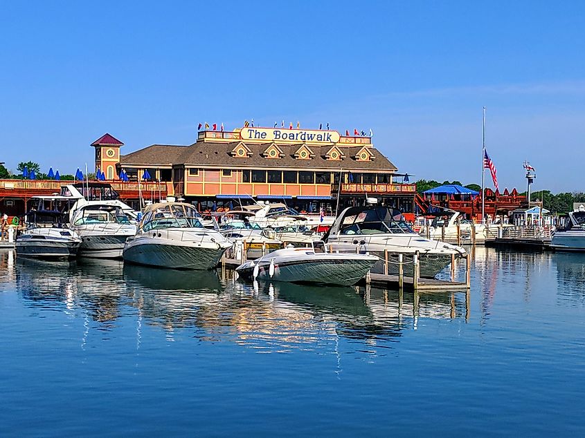 Boats tied up at A-Dock with the famous Boardwalk restaurant in Put-in-Bay, Ohio