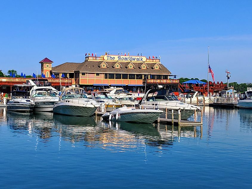 Boats tied up at A-Dock with the famous Boardwalk restaurant in the background.