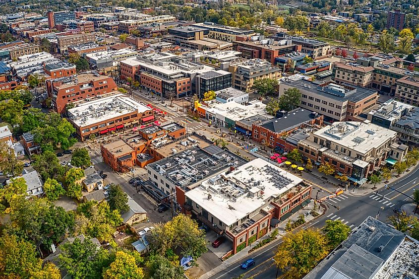 Aerial View of the Shopping and Dining Downtown Center of Boulder, Colorado