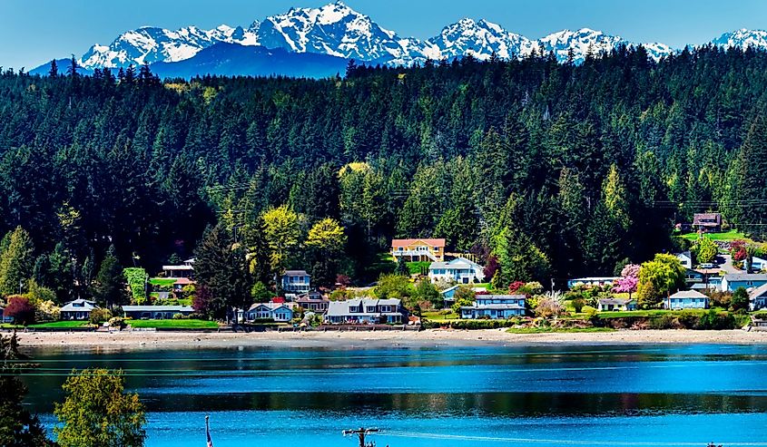 Poulsbo, Bainbridge Island, near Puget Sound with Snow Mountains Olympic National Park, Washington State