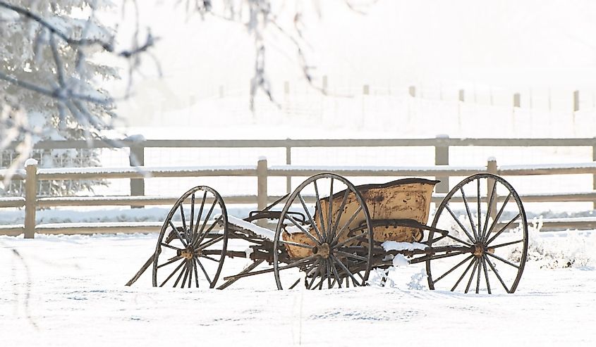 Old rustic yellow wooden wagon in winter season cold snow covers carriage wheels agriculture landscape outdoors in Ellensburg, Washington